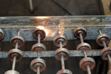 Laser beam hitting a small metal wheel to remove rust