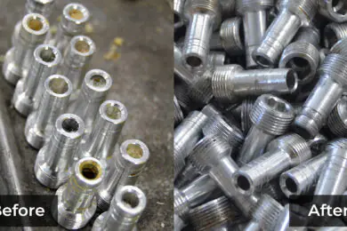 Before and after view of golf club adapters with cured epoxy removed and cleaned for reuse.