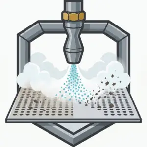 Dry ice blasting illustration showing CO2 micro-particles cleaning stainless steel filter media.