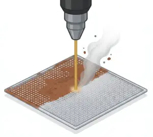 Precision laser cleaning illustration showing oxidation removal from stainless steel filter media.