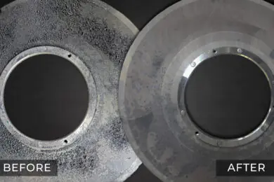Before and after comparison of a stainless steel industrial filter cleaned by Merritt Industrial.