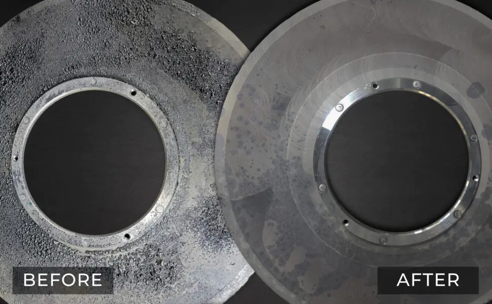 Before and after comparison of a stainless steel industrial filter cleaned by Merritt Industrial.