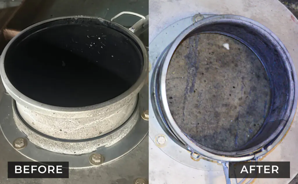 Before-and-after comparison of an industrial access port at the Comfort Research facility, showing fire-related soot contamination before cleaning and a cleaner metal surface after dry ice blasting.