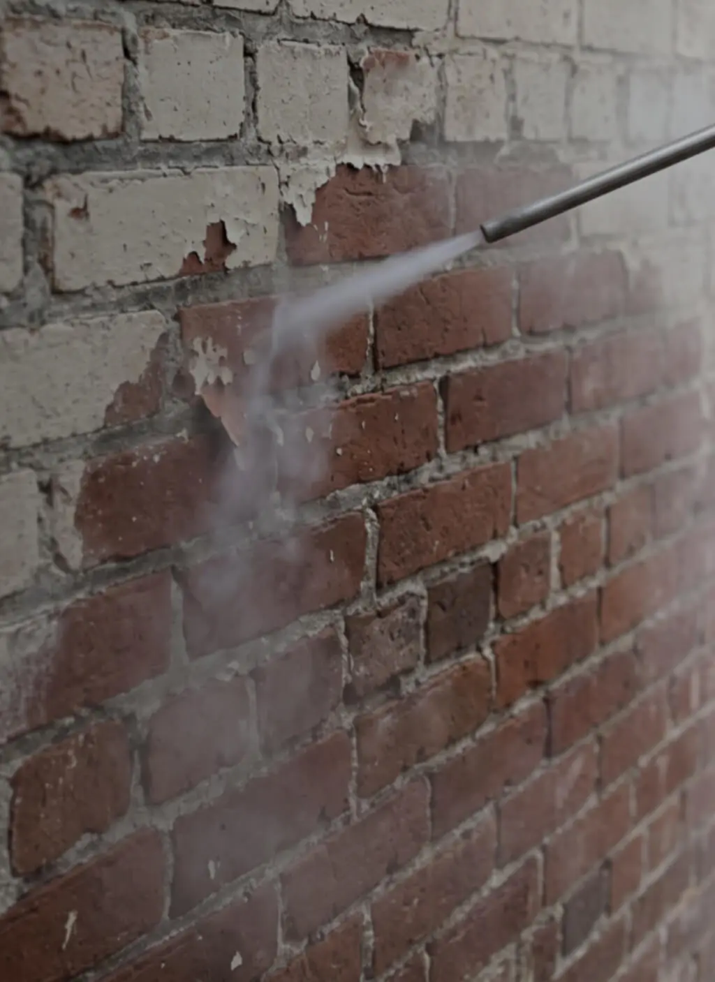 Dry ice blasting removing old paint from historic brick masonry.