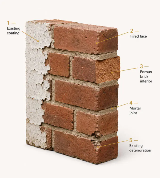 Historic brick masonry illustration showing existing coating, fired face, porous brick interior, mortar joint, and localized deterioration.