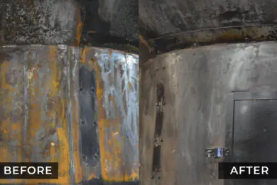 Before-and-after comparison of soot-covered industrial equipment cleaned to reveal the underlying discolored metal.