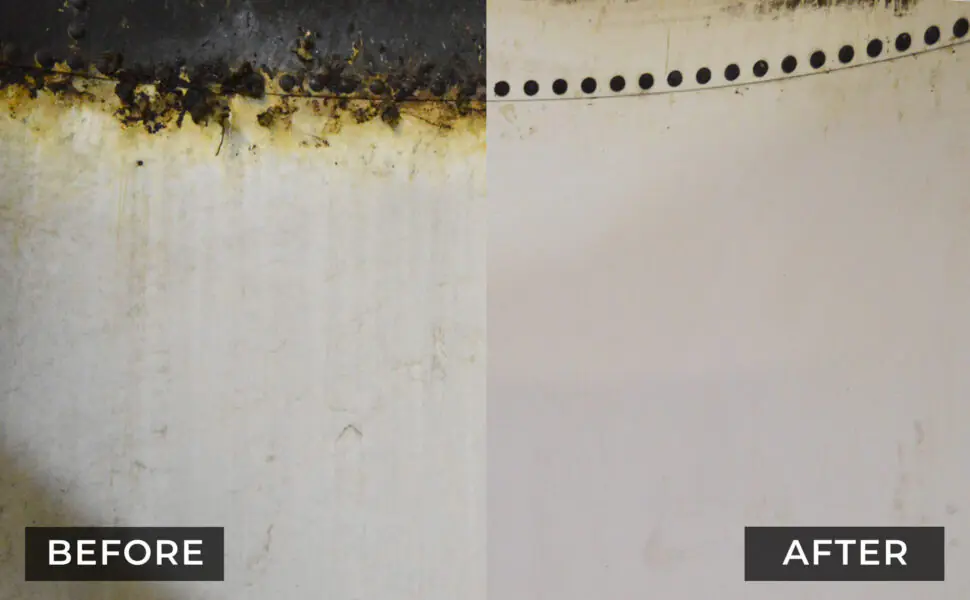 Before-and-after comparison of black soot removed from the white interior wall of an industrial tank.