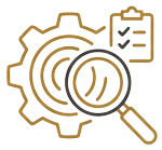 Icon showing a gear with a magnifying glass and inspection checklist