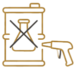 Icon showing a crossed-out chemical container beside a dry ice blasting nozzle