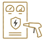 Icon showing an electrical control panel with a safety symbol and a dry ice blasting nozzle