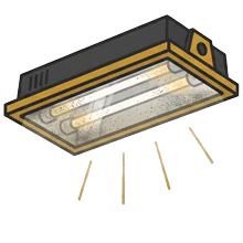 Illustration of a paint booth light fixture with overspray buildup on the lens and reduced light rays.