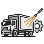 Icon showing a commercial vehicle, industrial equipment cue, and pressure washing for fleet and machinery cleaning.