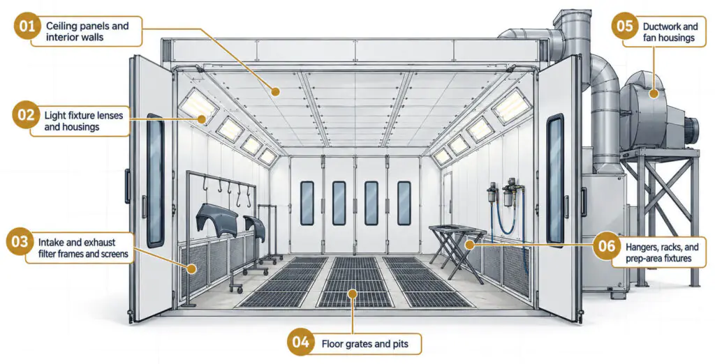 Diagram of a full automotive paint booth highlighting six cleaning areas: ceiling panels and interior walls, light fixture lenses and housings, intake and exhaust filter frames and screens, floor grates and pits, ductwork and fan housings, and hangers, racks, and prep-area fixtures.