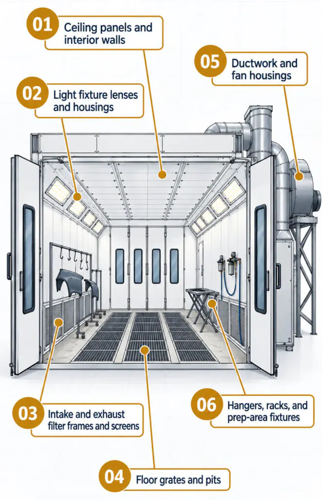 Diagram of a full automotive paint booth (mobile version) highlighting six cleaning areas: ceiling panels and interior walls, light fixture lenses and housings, intake and exhaust filter frames and screens, floor grates and pits, ductwork and fan housings, and hangers, racks, and prep-area fixtures.