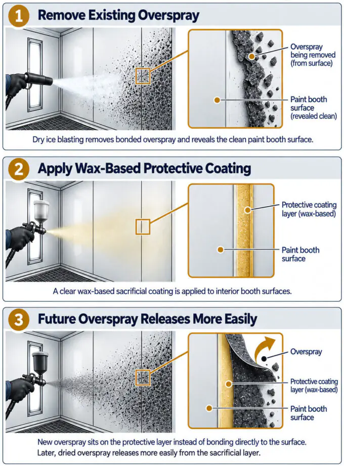 Three-step diagram showing dry ice blasting removing paint booth overspray, application of a wax-based protective coating, and easier removal of future overspray.