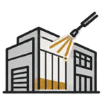 Icon showing a commercial/industrial building being pressure washed, using charcoal and gold brand colors.