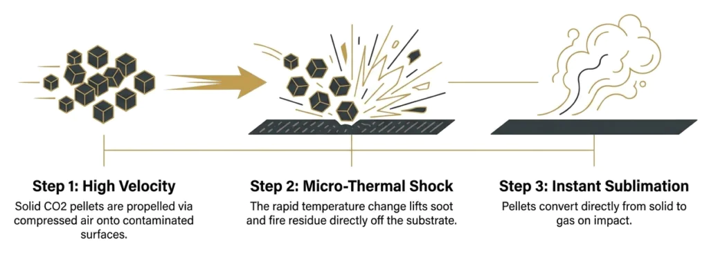 Horizontal diagram showing the mechanics of dry ice blasting: high-velocity CO2 pellets impact a surface, rapid temperature change loosens contamination, and the dry ice sublimates into gas.