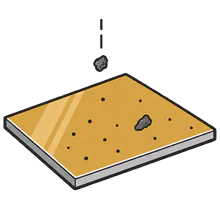 Illustration of a painted panel with contamination specks and a falling particle representing dirt-in-paint defects.