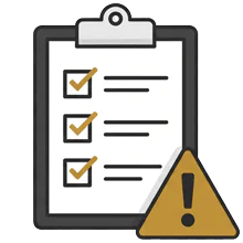 Illustration of a checklist clipboard with a warning triangle representing maintenance requirements and fire-code concerns.