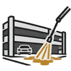 Icon showing a multi-level parking structure with pressure washing applied to the deck surface.