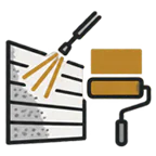Icon combining pressure washing with a paint roller to represent cleaning before painting or coating work.