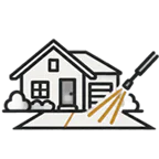 Icon showing a house and driveway being pressure washed for residential exterior cleaning.